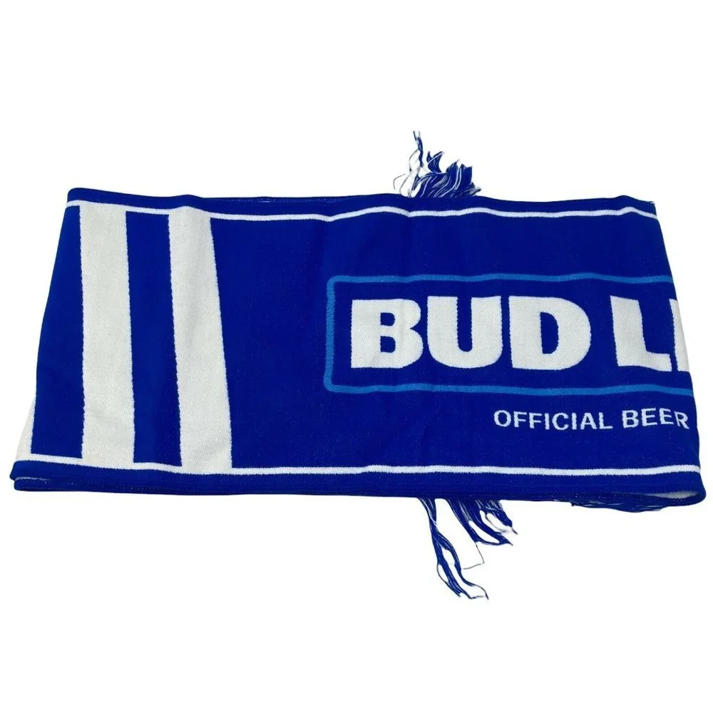 NFL Budlite Scarf Blue White New In Bag Spell Out Fringe